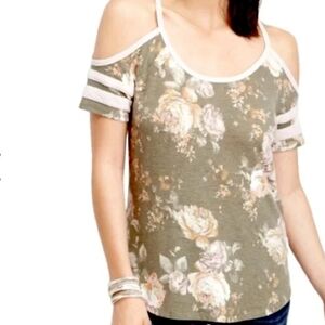 Maurices Cold Shoulder Floral Top Short Sleeve Size 2 Olive and Tan